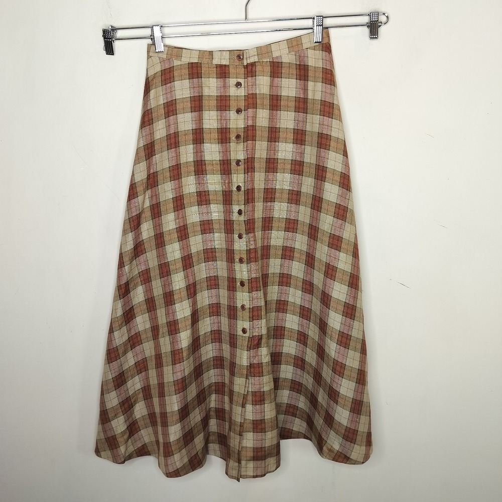Vintage Women's Sz Large Skirt Button Front Rena Rowan Beige/ Rust Plaid Maxi